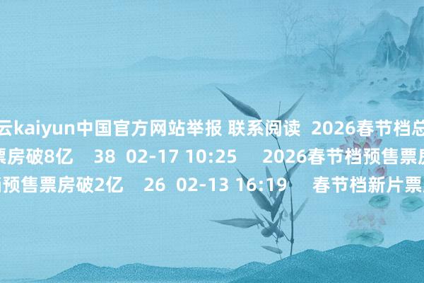 开云kaiyun中国官方网站举报 联系阅读  2026春节档总票房破8亿2026春节档总票房破8亿    38  02-17 10:25     2026春节档预售票房破2亿2026春节档预售票房破2亿    26  02-13 16:19     春节档新片票房破100万元春节档新片票房破100万元    22  02-09 10:35     2026元旦档新片总票房破2亿元2026元旦档新片总票房破2亿元    23  01-01 09:57     2025贺岁档总票房破45亿2025贺岁档总票房破45亿    20  2025-12-21 18:06     一财最热      点击关闭-滚球app官网